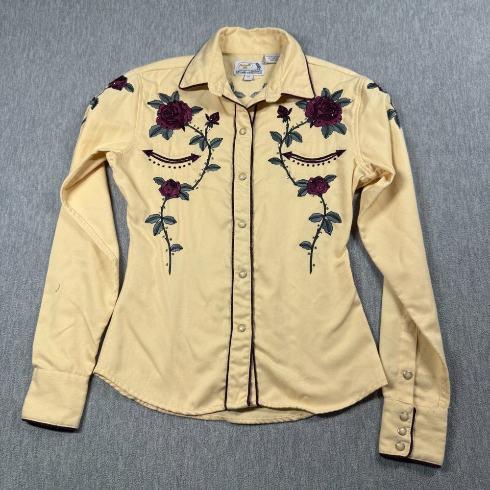 Panhandle Slim Shirt Womens XS Yellow Floral Rose Embroidered Western Pearl Snap